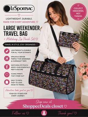 LeSportsac Large Weekender Travel Bag + Matching Zip Pouch Set